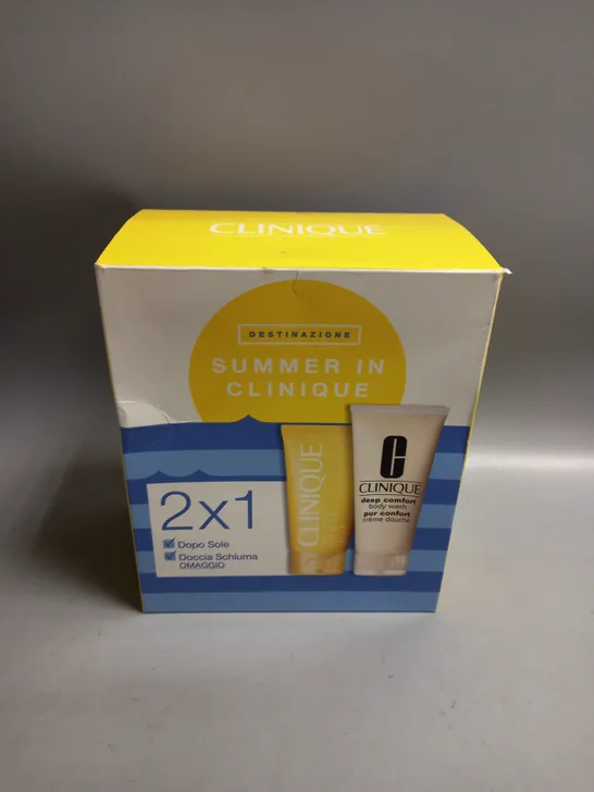 BOXED CLINIQUE SUMMER IN CLINIQUE AFTER SUN RESCUE BALM 150ML AND DEEP COMFORT BODY WASH 200ML GIFT SET