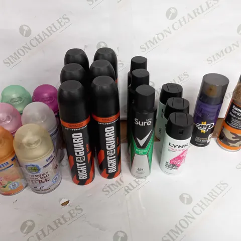 LOT OF APPROX 20 ASSORTED AEROSOLS TO INCLUDE BODY SPRAY, AIR FRESHENER, SHOE WATERPROOFER ETC