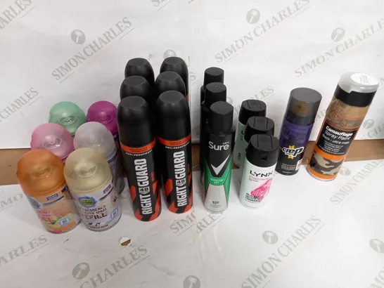 LOT OF APPROX 20 ASSORTED AEROSOLS TO INCLUDE BODY SPRAY, AIR FRESHENER, SHOE WATERPROOFER ETC