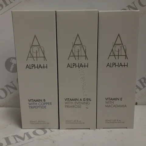 3 BOXED ALPHA-H PRODUCTS TO INCLUDE VITAMIN A, B, E DROPS (50ml)