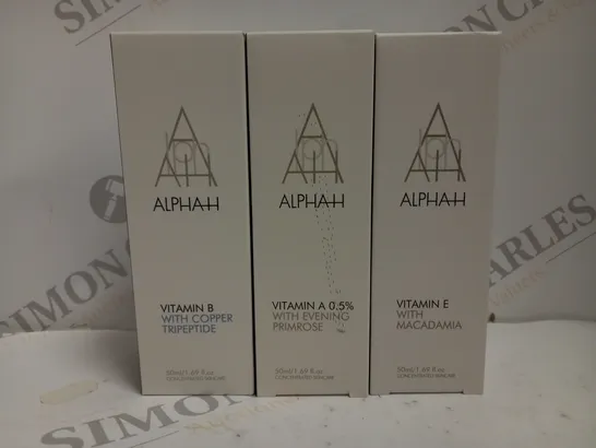 3 BOXED ALPHA-H PRODUCTS TO INCLUDE VITAMIN A, B, E DROPS (50ml)