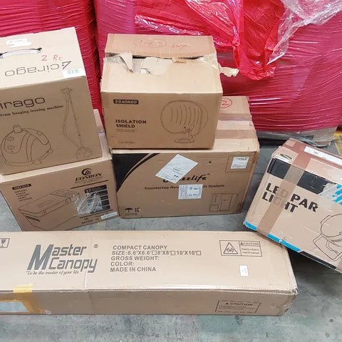 PALLET OF ASSORTED CONSUMER PRODUCTS TO INCLUDE: COMPACT CANOPY, BREAD MAKER, LED PAR LIGHT, STEAM HANGING IRONING MACHINE, CONTERTOP REVERSE OSMOSIS SYSTEM ECT