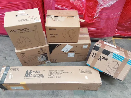 PALLET OF ASSORTED CONSUMER PRODUCTS TO INCLUDE: COMPACT CANOPY, BREAD MAKER, LED PAR LIGHT, STEAM HANGING IRONING MACHINE, CONTERTOP REVERSE OSMOSIS SYSTEM ECT