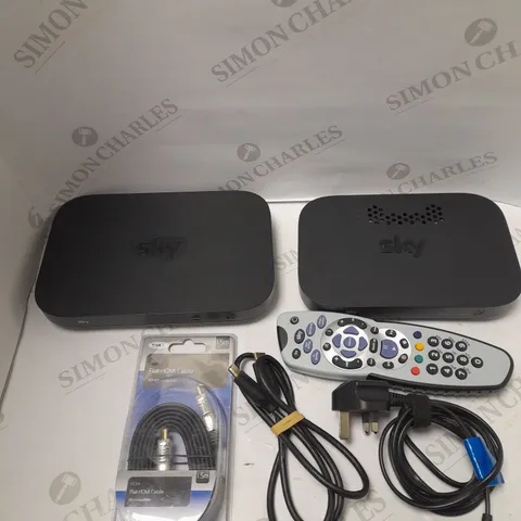 BOX OF APPROXIMATELY 15 ASSORTED TV AND ELECTRICAL ITEMS TO INCLUDE SKY ROUTER, SKY REMOTE CONTROL, HDMI CABLES ETC