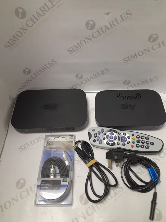 BOX OF APPROXIMATELY 15 ASSORTED TV AND ELECTRICAL ITEMS TO INCLUDE SKY ROUTER, SKY REMOTE CONTROL, HDMI CABLES ETC