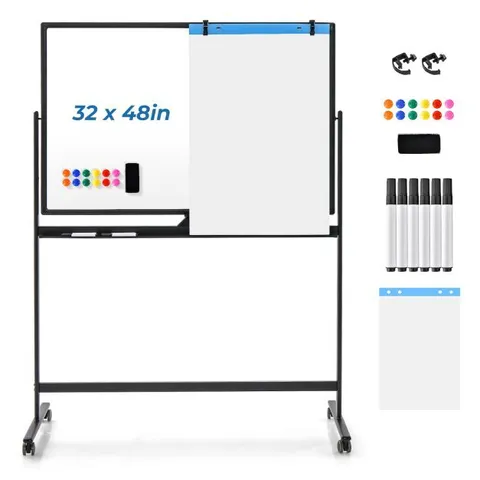 BOXED COSTWAY REVERSIBLE ROLLING WHITE BOARD WITH BLACK MARKERS AND BOARD