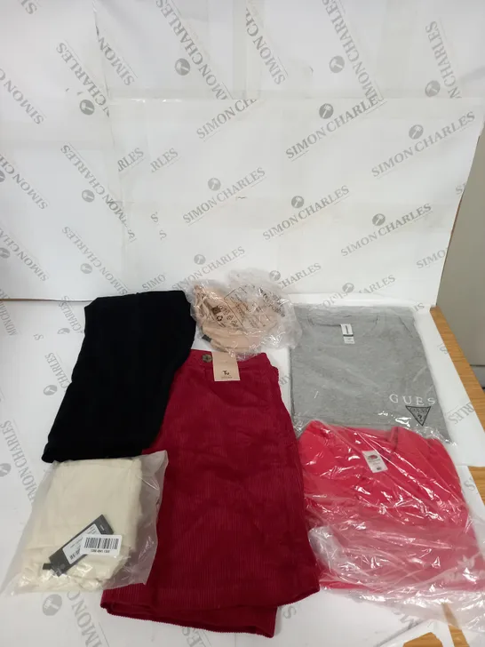 LARGE BOX OF ASSORTED CLOTHING ITEMS IN VARIOUS COLOURS AND SIZES INCLUDING TROUSERS , TOPS AND JUMPERS 