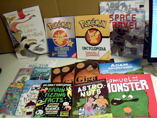 ASSORTMENT OF 16 CHILDRENS BOOKS INCLUDING POKEMON HARDBACK ULTIMATE GUIDE, THERES A YETI IN THE PLAYGROUND AND ASTRONUTS 