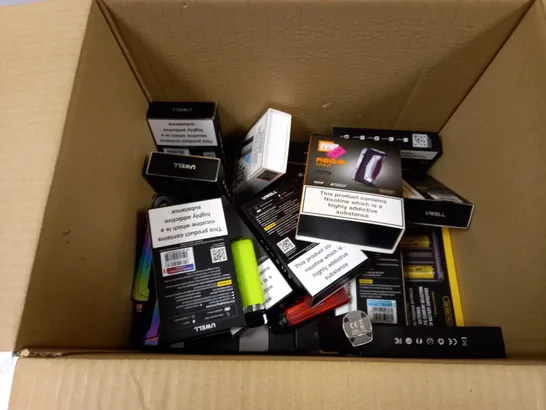 BOX OF APPROXMATELY 25 E-CIGARETTES AND LIQUIDS TO INCLUDE VAPORESSO GEN AIR 40, CALIBURN A2 POD SYSTEM, AEGIS MAX BLACK TUNGSTEN, ETC