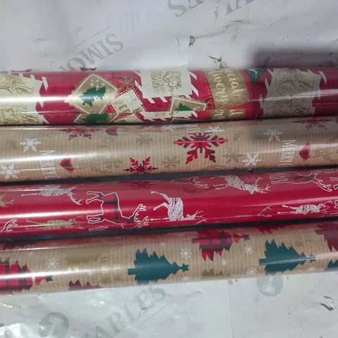 LOT OF 4 ASSORTED FETIVE GIFT WRAP ROLLS IN VARIOUS STYLES