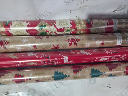 LOT OF 4 ASSORTED FETIVE GIFT WRAP ROLLS IN VARIOUS STYLES