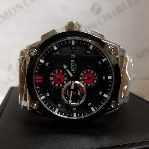 LATOR CALIBRE BLACK & RED CHRONOGRAPH STYLE LEATHER STRAP WATCH