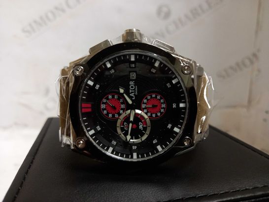 LATOR CALIBRE BLACK & RED CHRONOGRAPH STYLE LEATHER STRAP WATCH RRP £635
