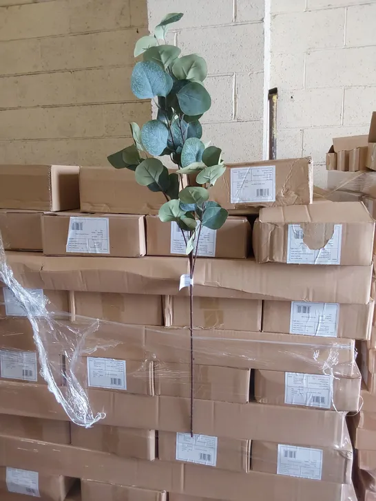 PALLET CONTAINING APPROXIMATELY 75 BOXES OF INDIVIDUAL STEM EUCALYPTUS FAUX FLOWERS // APPROX 24 X STEMS PER BOX