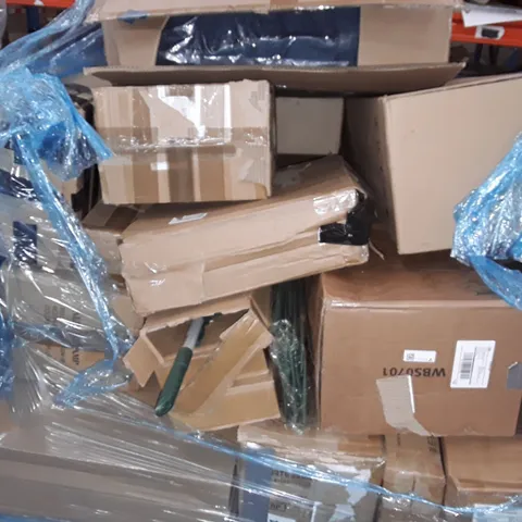 PALLET OF ASSORTED ITEMS TO INCLUDE A LAZY CHAIR, A GARDEN RAKE AND A SLIM TOWER BLADELESS FAN