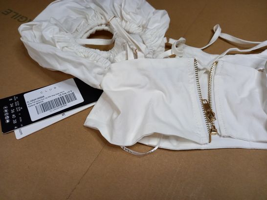 CLUB L WHITE PUFF SLEEVE CROP TOP WITH STRAP DETAILS - SIZE 8