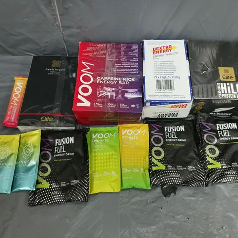APPROXIMATELY 8 ASSORTED FOOD ITEMS TO INCLUDE ELITE HILO PROTEIN BAR, DEXTRO ENERGY TABLETS, VOOM CAFFIENE KICK, AND VOOM FUSION FUEL TESTER ETC.