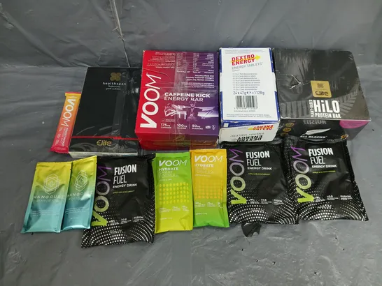 APPROXIMATELY 8 ASSORTED FOOD ITEMS TO INCLUDE ELITE HILO PROTEIN BAR, DEXTRO ENERGY TABLETS, VOOM CAFFIENE KICK, AND VOOM FUSION FUEL TESTER ETC.