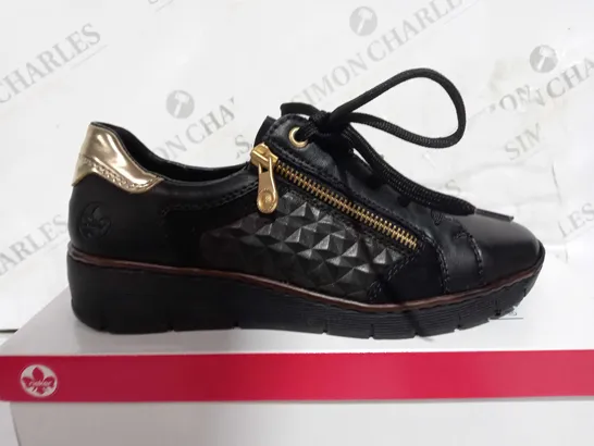 BOXED PAIR RIEKER BROWN & GOLD LACE UP/ZIP WEDGE TRAINERS, EU SIZE 39