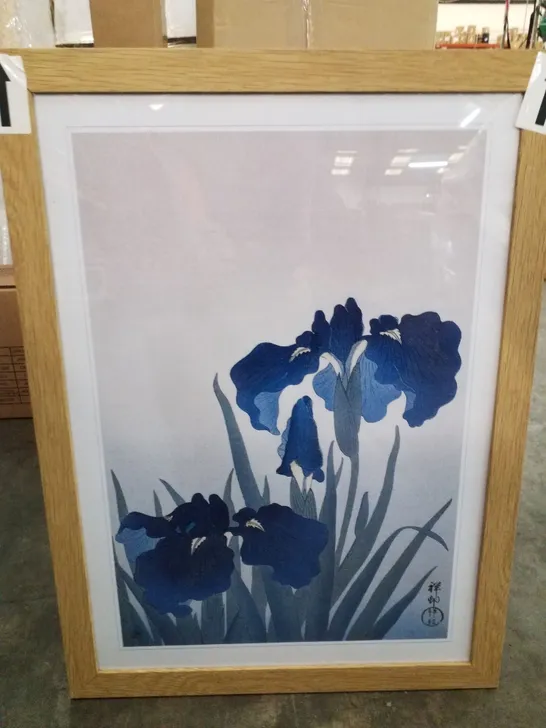 BOXED BLUE IRIS FLOWERS BY OHARA KOSON - PICTURE FRAME PAINTING PRINT 