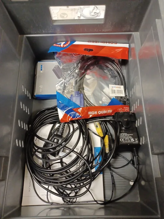 BOX TO CONTAIN APPROX. 12 X ASSORTED TECH PRODUCTS. INCLUDES CARD MACHINE, FAN, CABLES ETC 