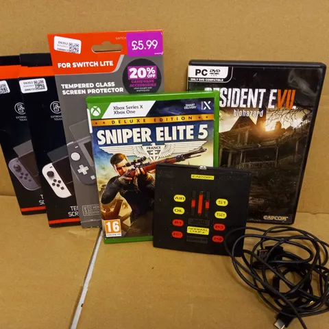 LOT OF ASSORTED ELECTRICALS INCLUDING RESIDENT EVIL VII BIOHAZARD, SNIPER ELITE 5 FOR XBOX ONE, TEMPERED GLASS FOR NINTENDO SWITCH