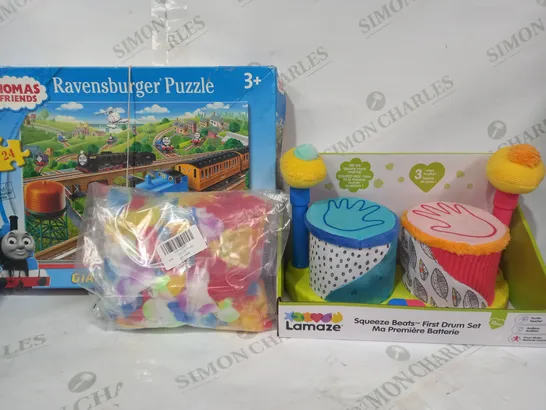 BOX OF APPROXIMATELY 10 ASSORTED TOYS AND GAMES TO INCLUDE LAMAZE SQUEEZE BEATS FIRST DRUM SET, THOMAS & FRIENDS RAVENSBURGER PUZZLE, ETC