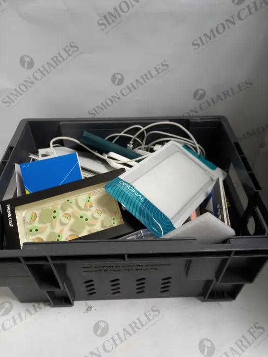 BOX TO CONTAIN APPROX. 35 ASSORTED PHONE ACCESSORY PRODUCTS, INCLUDES PHONE CASES, CHARGING CABLES, EARPHONES ETC 