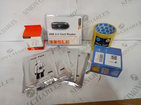 BOX OF APPROX 30 ASSORTED ITEMS TO INCLUDE - PACK OF CELLOTAPES, HEAT PACKS, USB CARD READER ETC