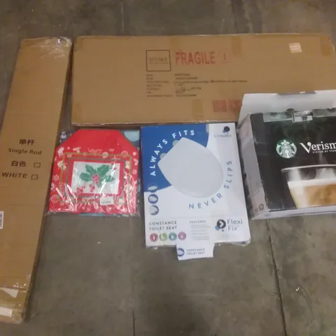 PALLET OF ASSORTED ITEMS INCLUDING SINGLE ROD, CHRISTMAS TOTE BAGS, CROYDEX TOILET SEAT, FULL LENGTH MIRROR, VERISMO ESPRESSO MACHINE, HUBCAP