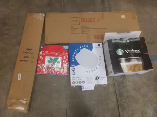 PALLET OF ASSORTED ITEMS INCLUDING SINGLE ROD, CHRISTMAS TOTE BAGS, CROYDEX TOILET SEAT, FULL LENGTH MIRROR, VERISMO ESPRESSO MACHINE, HUBCAP