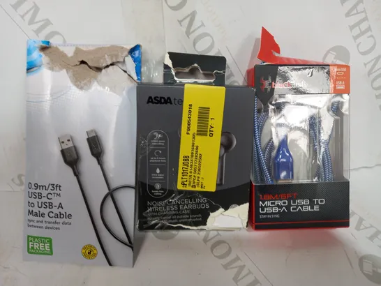 LOT OF APPROXIMATELY 20 ASSORTED HOUSEHOLD ITEMS TO INCLUDE ONN USB-C TO USB-A MALE CABLE, ASDA TECH NOISE CANCELLING WIRELESS EARBUDS, BLACKWEB MICRO USB TO USB-A CABLE, ETC