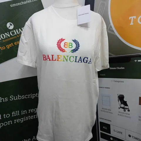 BALENCIAGA RAINBOW LOGO CREW-NECK SHORT SLEEVE T-SHIRT IN WHITE - SIZE UNSPECIFIED