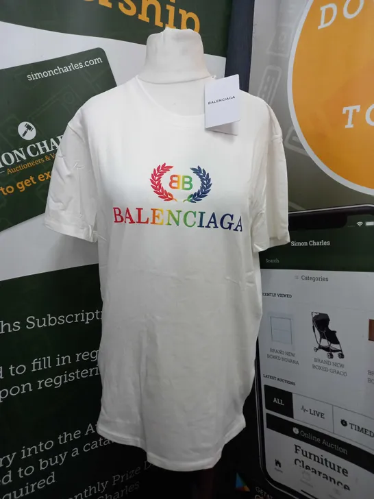 BALENCIAGA RAINBOW LOGO CREW-NECK SHORT SLEEVE T-SHIRT IN WHITE - SIZE UNSPECIFIED