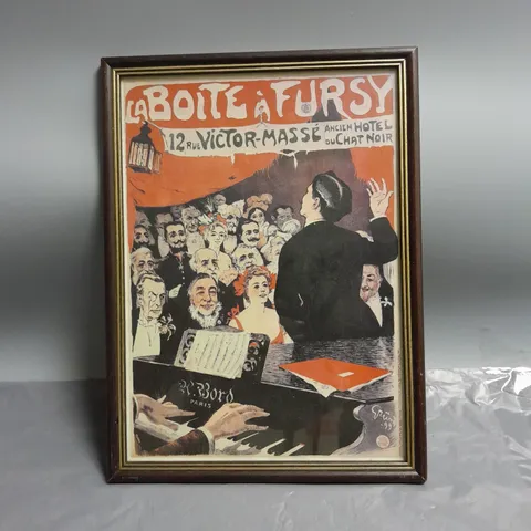 FRAMED POSTER OF "LA BOITE A FURSY MONTMARTE" BY JULES ALEXANDRE GRUN APPROX 26CMX34CM