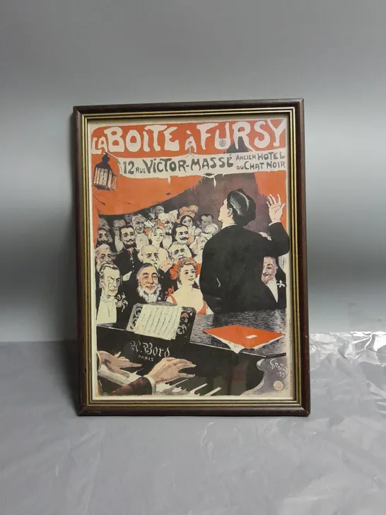 FRAMED POSTER OF "LA BOITE A FURSY MONTMARTE" BY JULES ALEXANDRE GRUN APPROX 26CMX34CM