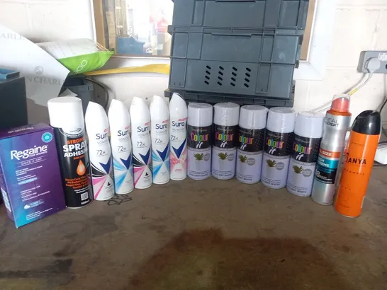 APPROXIMATELY 14 ASSORTED AEROSOL SPRAYS TO INCLUDE; PAINTFACTORY, SURE, BONDIT, REGAINE