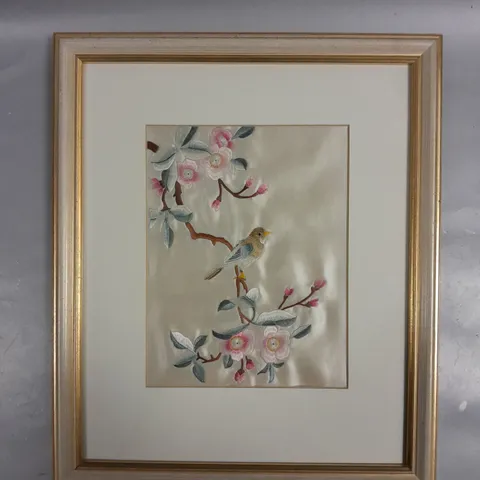 FRAMED EMBROIDERED BIRD & FLOWERS PICTURE 