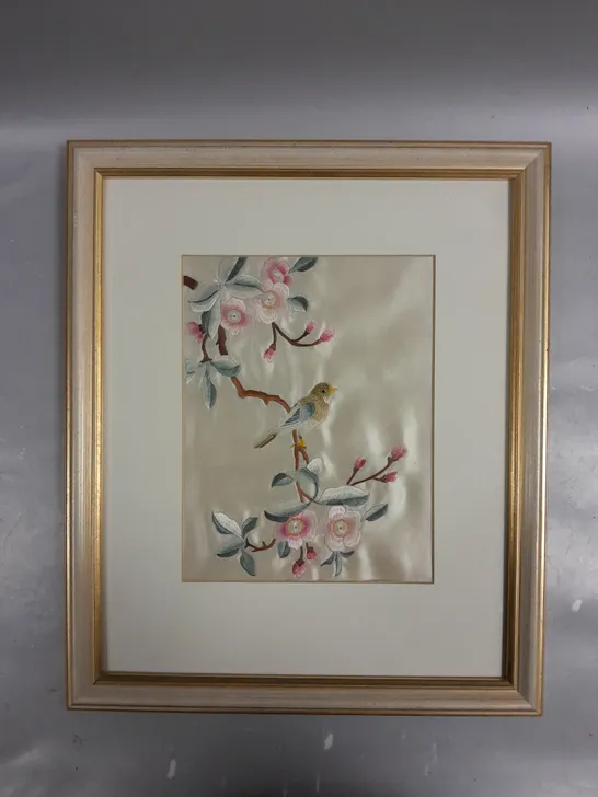 FRAMED EMBROIDERED BIRD & FLOWERS PICTURE 