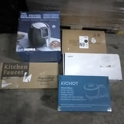 PALLET OF ASSORTED ITEMS INCLUDING OMMO AIR FRYER, KICHOT STAND MIXER, KITCHEN FAUCET, ACCSTORE FABRIC WARDROBE, GEORGE FOREMAN GRILL, AICOK JUICE EXTRACTOR