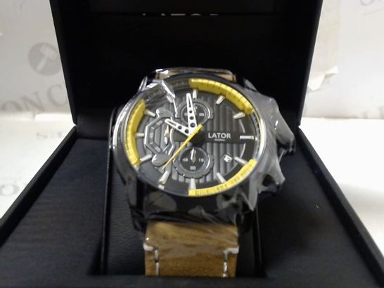 DESIGNER LATOR CALIBRE BLACK DIAL CHRONOGRAPH STYLE LEATHER STRAP WATCH RRP £635