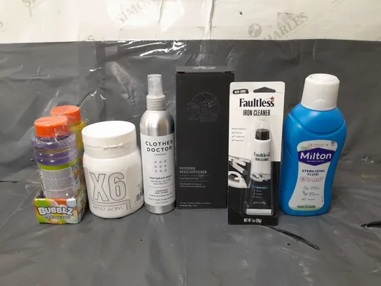 BOX OF APPROXIMATELY 14 ASSORTED ITEMS TO INCLUDE - IRON CLEANER , MILTON STERILISING FLUID , CLOTHES DOCTOR KNITWEAR MIST ETC