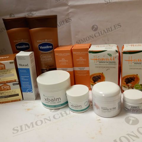 LOT OF APPROX 12 ASSORTED SKINACRE PRODUCTS TO INCLUDE VASELINE BODY LOTION, REVOLUTION VIAMIN C SERUM, XBALM BODY BALM, ETC