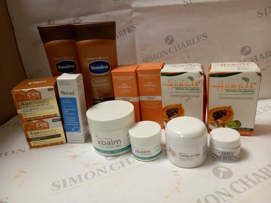 LOT OF APPROX 12 ASSORTED SKINACRE PRODUCTS TO INCLUDE VASELINE BODY LOTION, REVOLUTION VIAMIN C SERUM, XBALM BODY BALM, ETC