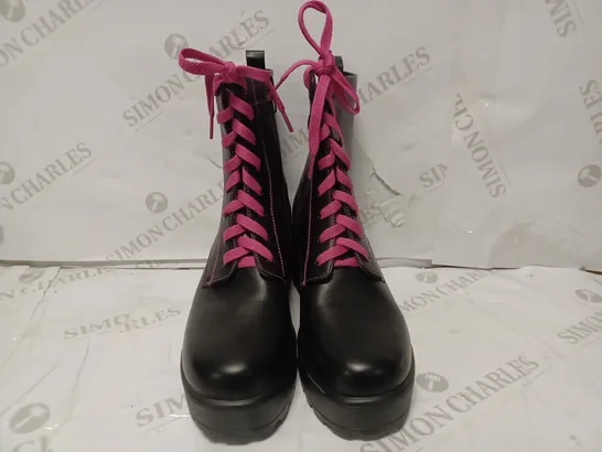 PAIR OF KOI DESIGNER VEGAN PLATFORM ANKLE BOOTS IN BLACK WITH PINK LACES - SIZE 6