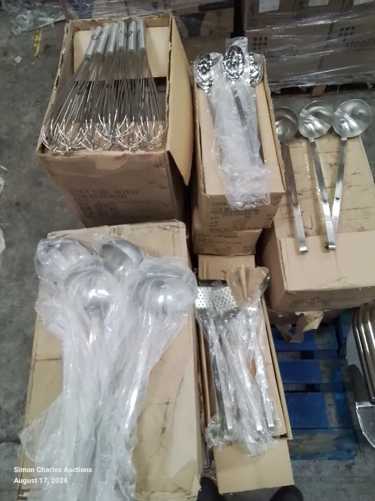 PALLET CONTAINING VARIOUS COOKING UTENSILS TO INCLUDE,APPROXIMATELY 80 16OZ LADLES, 160 SLOTTED SERVING SPOONS, 40 FISH SLICES, 96 METAL WHISKS AND 160 21OZ LADELS