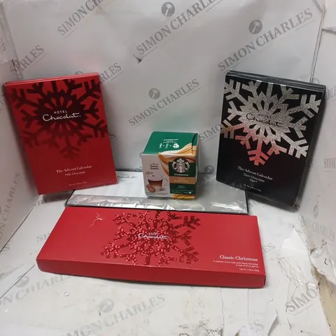 BOX OF ASSORTED FOOD AND DRINK ITEMS TO INCLUDE HOTEL CHOCOLAT, STARBUCKS