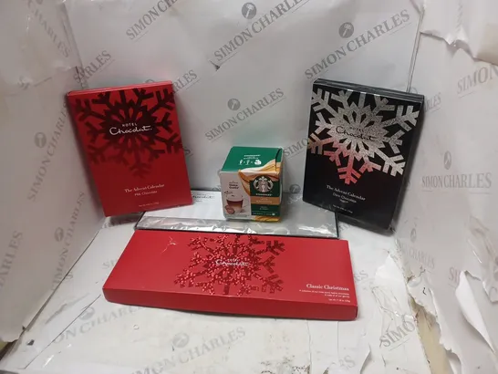 BOX OF ASSORTED FOOD AND DRINK ITEMS TO INCLUDE HOTEL CHOCOLAT, STARBUCKS