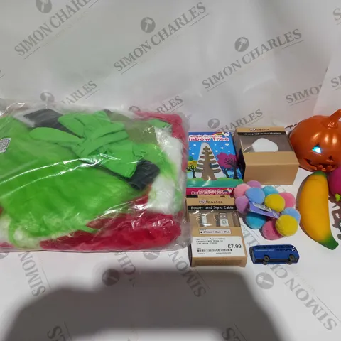 LARGE BOX OF ASSORTED TOYS AND GAMES TO INCLUDE GRINCH COSTUME, BABY TOYS AND FOOTBALL TRADING CARDS
