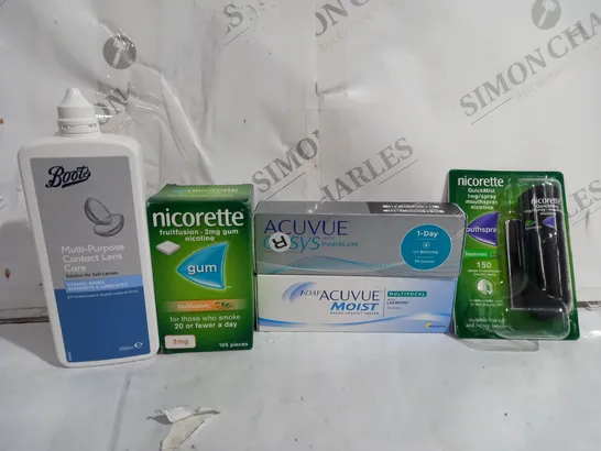 BOX OF APPROX 22 ASSORTED VISION CARE ITEMS TO INCLUDE -  BOOTS CONTACT LENS CARE - NICORETTE FRUIT FUSION GUM - ACUVUE MOIST ECT